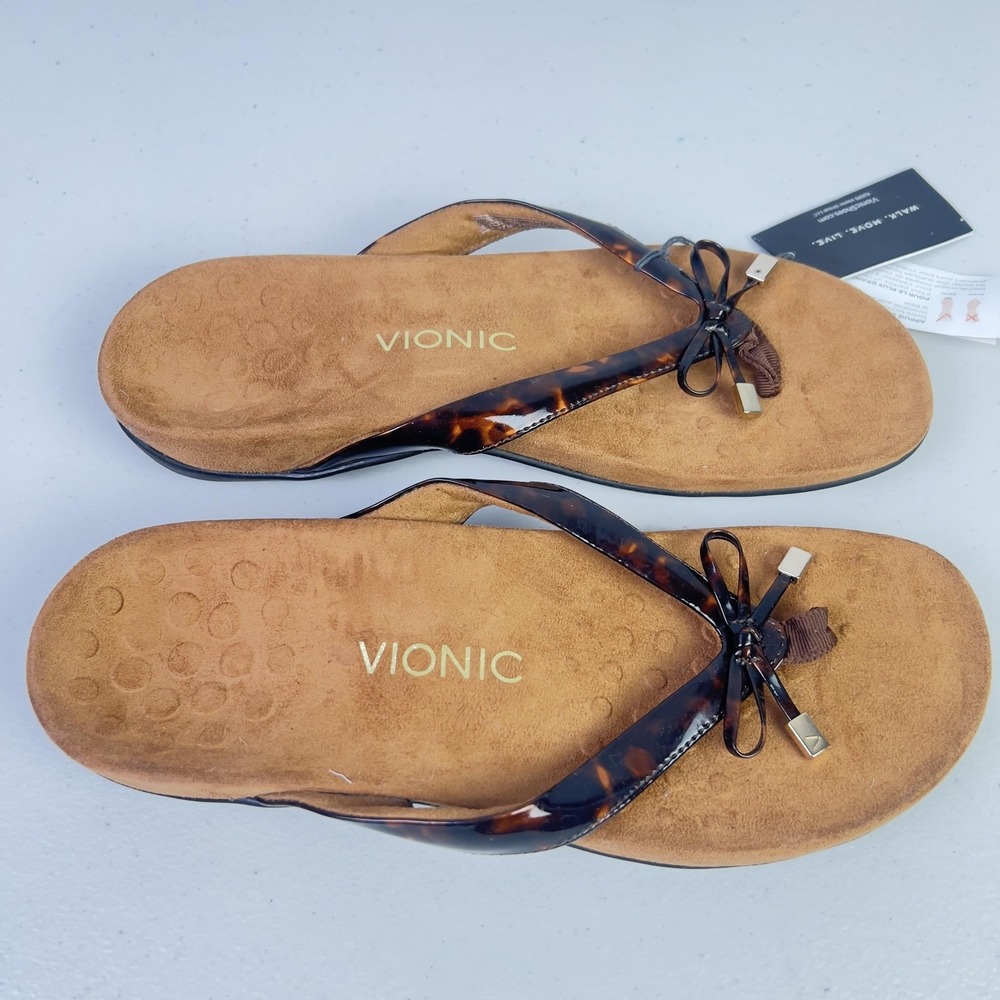 Vionic Shoes Womens Size 8 Brown Animal Print Thong Wedge Sandals Arch Support